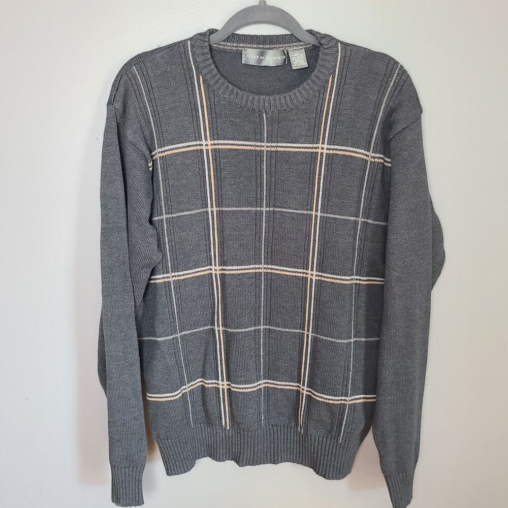Vintage‎ Oscar De La Renta Men's Knit V Neck Sweater Gray Plaid XL